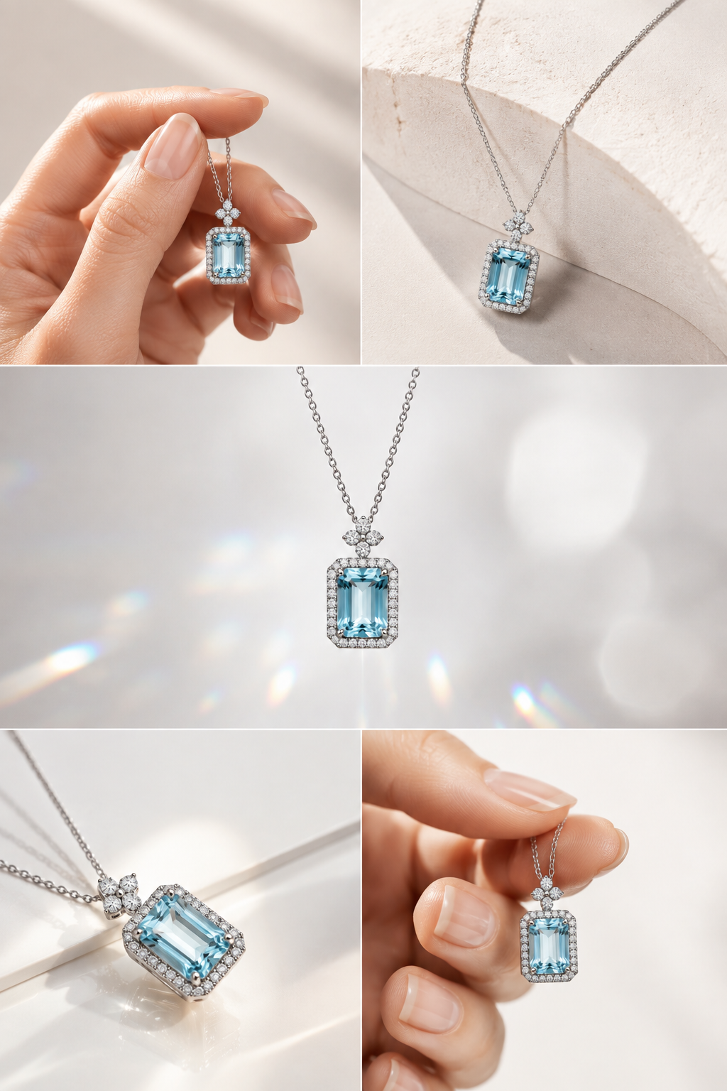 A five-panel collage showing a rectangular light blue gemstone pendant necklace in a silver-toned halo setting, with two close-up views held by a hand and three cleaner jewelry-display views.